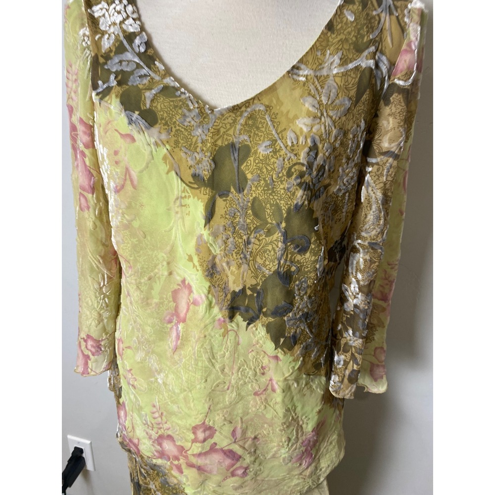 Vintage 90s Silk Burnout Velvet Floral Maxi Dress Chartreuse Green Pink 2-Piece - Picture 2 of 8